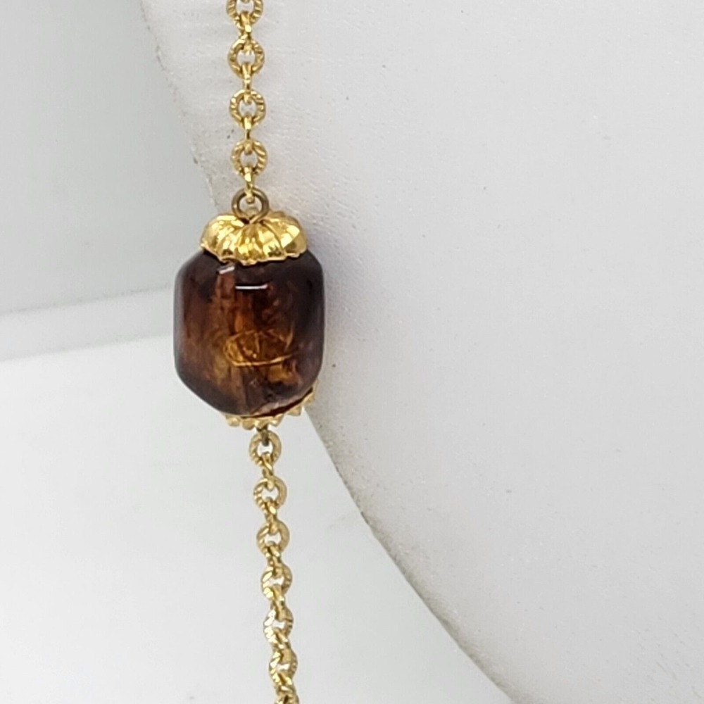 Gold Tone Faux Amber And Pearl Necklace - Picture 3 of 8